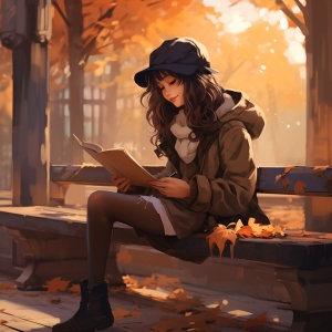 一个女孩坐在长椅上读书在秋天，在动漫艺术的风格，现实而浪漫
