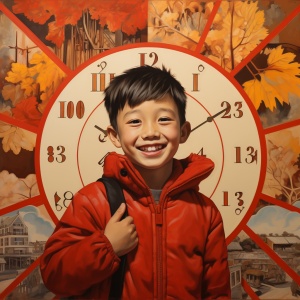 男孩子拿着日历微笑着，在中国文化主题的风格中，大胆，多彩，大规模，温哥华学校，淡淡的琥珀色和红色，伦敦学校，单色掌握，再生材料壁画