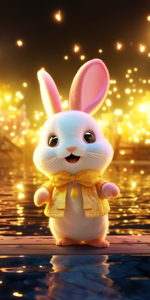 一只可爱的小兔子，带着粉色的帽子，拟人化的，穿着金色发光的衣服，闪闪发光的背景，站在水上，黄色光芒，3D艺术，pop mart，盲盒玩具，黏土材质，明亮的色彩，自然光照，最好的质量，获奖作品，全高清8K