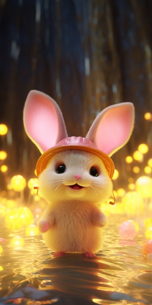 一只可爱的小兔子，带着粉色的帽子，拟人化的，穿着金色发光的衣服，闪闪发光的背景，站在水上，黄色光芒，3D艺术，pop mart，盲盒玩具，黏土材质，明亮的色彩，自然光照，最好的质量，获奖作品，全高清8K