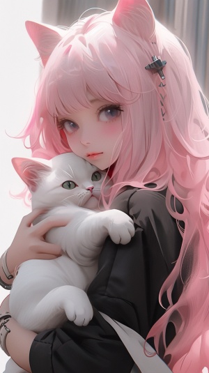 动漫少女，黑色猫耳，粉色头发，穿着白色T恤和粉色背带裤，怀里抱着一个白色玩偶猫。