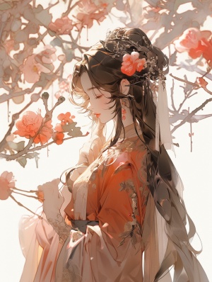 中国动漫少女，淡金色和淡红色的风格，浪漫的气氛，bloomcore，发生的事情，现实而浪漫，guercino，精致的花朵