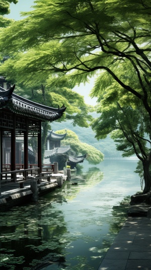Chinese-style ，the trees on the lake are reflecting sunlight, in the style of beijing east village, light green and light gray, light turquoise and dark red, associated press photo, nostalgic charm, japanese inspired, naturecore