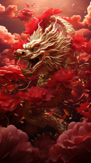 中国风，中国龙，红色和金色玫瑰花瓣组合的鳞片，光泽，细腻，精致，玫瑰花瓣飞舞，祥云，红色背景，高级感