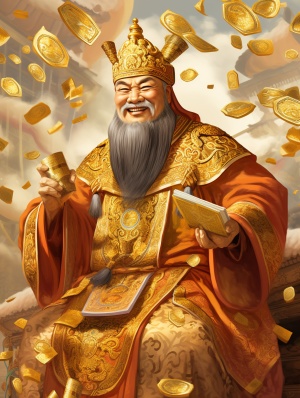 中国财神，脸带笑容，富态男性，穿着古代官服，手持金元宝:传统的中国货币形态，呈船形或鞋形，通常为金色或银色，有时脚踏象或麒麟，全身肖像，色彩丰富，绚丽，造型完整复杂的，(准确的)，完美的图像，电影级，高分辨率，复杂的，(准确的)，完美的图像，电影级，高分辨率，高清，16K
