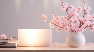 白色木桌的3d渲染图，书背景上的春粉色桃花，一串粉色水晶葡萄台灯，f2，佳能eos r5，景深ar 2:3 v42v4-ar 2:3