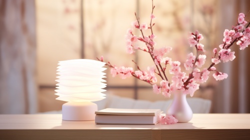 白色木桌的3d渲染图，书背景上的春粉色桃花，一串粉色水晶葡萄台灯，f2，佳能eos r5，景深ar 2:3 v42v4-ar 2:3