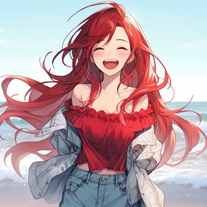 海边明媚笑容的红色长发