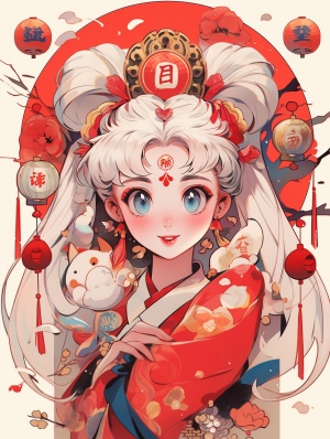 新年，New Year，happy，Sailor MOON, a beautiful girl warrior, happy, red and blue Chinese doll, sailor moon comic style, appropriation artist, shining eyes, pale color palette, apple, new Baroque, tondo ar 60:61
