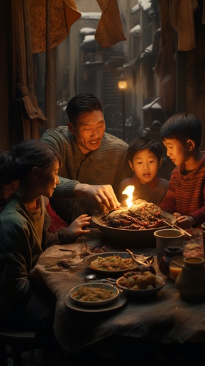 一家四个人站在破旧的中国乡下土房子内围着破旧的土灶台温馨的进餐