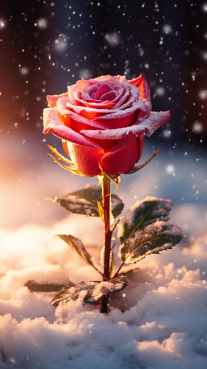 点燃的玫瑰在雪地中的美丽与温暖