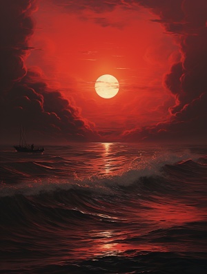 落下的红太阳在大海上空