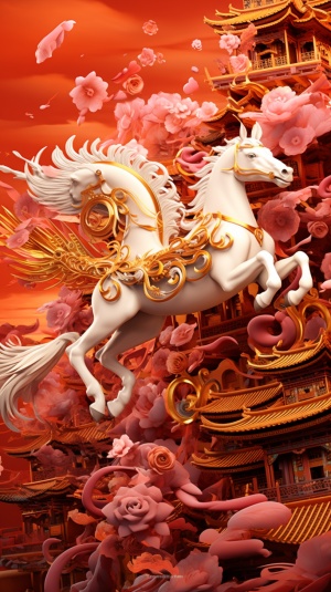 天马行空，带翅膀的飞马，多匹飞马，飞马展翅，眼睛灵动，刻画细致，刺绣壁纸，立体刺绣，东方禅宗，云朵，中国风，红色背景，古建筑，禅院，3D风格，光泽，细腻，精致，闪闪发光的背景，金色光芒，3D艺术，色彩绚丽，五光十色，中国元素，明亮的色彩，自然光照，最好的质量，全高清32K