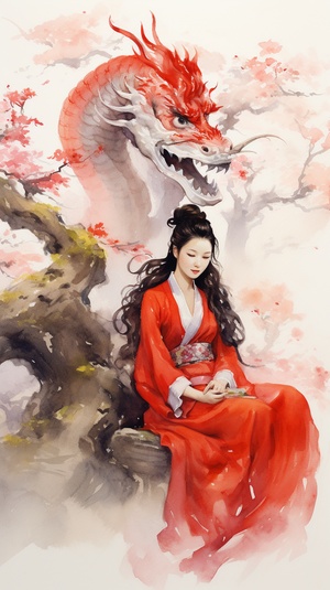 A graceful Chinese girl in traditional costume, wearing a vibrant red dress, sits beside a majestic golden Chinese dragon, gently caressing its scales with her hand, surrounded by cherry blossoms in full bloom, a tranquil traditional Chinese garden, serene and peaceful, painted in the style of a traditional Chinese ink painting with delicate brushstrokes and soft washes of color, ar 16:9