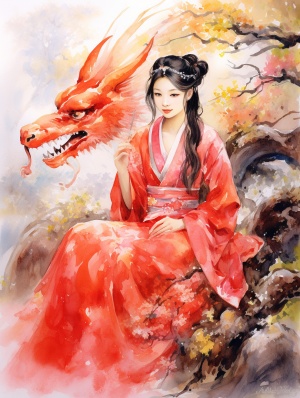 Graceful Chinese Girl with Majestic Golden Dragon