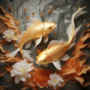 Dynamic and action-packed white and gold koi fish