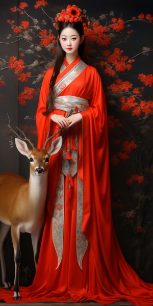 32k画质下中国九色鹿与汉服少女的壮丽景象