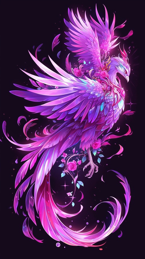 Amethyst Phoenix is a beautiful fantasy creature, which combines the mysterious energy of amethyst and the symbol of the phoenix's rebirth and blessing, with gorgeous feathers and a light pink purple light emitting around the body, a magical girl, and aesthetic artistic conception