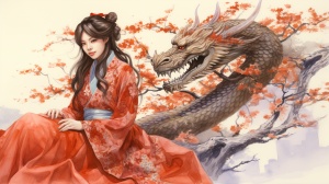 Graceful Chinese girl with majestic dragon in serene garden