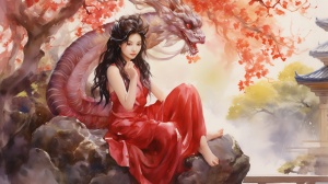 Graceful Chinese girl with majestic dragon in serene garden