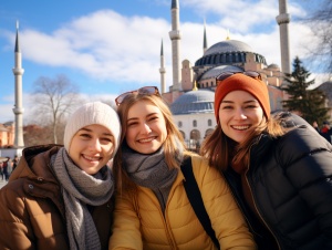 Three Girls Embrace Hagia Sophia's Beauty under Blue Sky