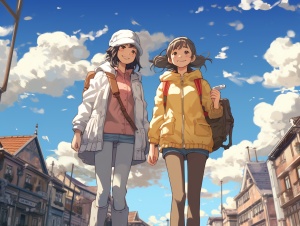 Three girls wear down jackets for daily life, Hagia Sophia, beautiful streets, Miyazaki's style, blue sky and white clouds
