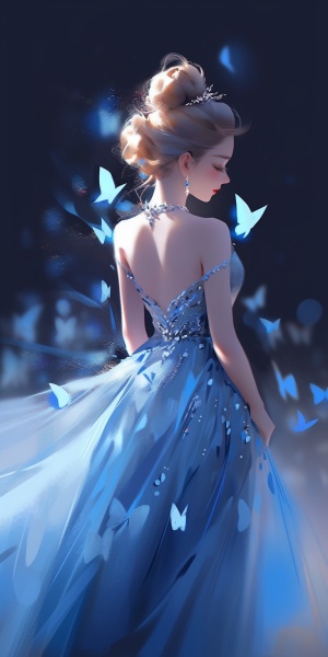 蓝色连衣裙翩翩少女与舞动的蝴蝶