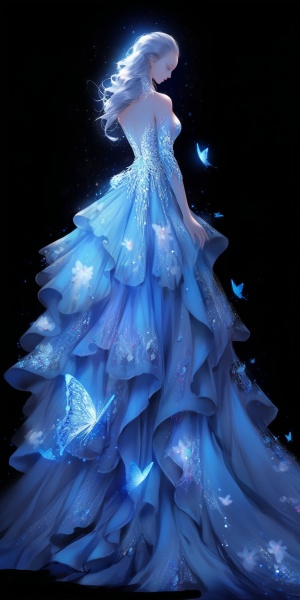 蓝色连衣裙翩翩少女与舞动的蝴蝶