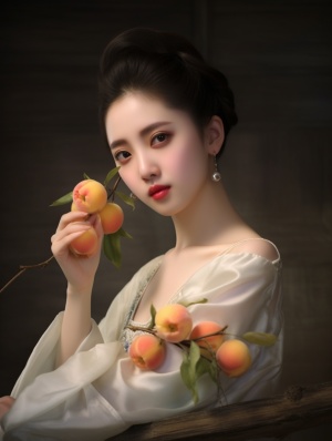 桃子如此娇艳，像春天的芬芳绚烂的颜色，让人心动不已甜蜜的滋味，酸甜交织桃子，你是我的心头所爱一位美女交织其中～