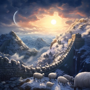 左边耀眼的太阳，右边一轮明亮的月亮照耀在中国雄伟的长城上空，雪白的绵羊成群遍布山岗，美丽繁荣，