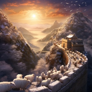 左边耀眼的太阳，右边一轮明亮的月亮照耀在中国雄伟的长城上空，雪白的绵羊成群遍布山岗，美丽繁荣，