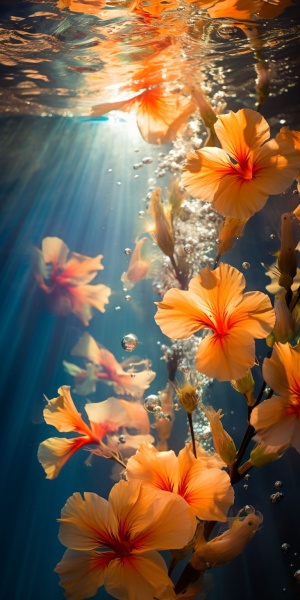 当金色阳光透过水面洒下，光与水上演一场绝妙的表演，🌟水下摄影，芙蓉花在光线下绽放出绚丽的色彩，水下摄影视角，蓝色太阳水，小彩色鱼儿自由自在的嬉戏