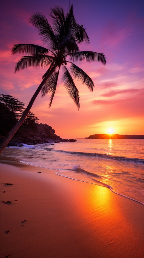A serene beach at sunset, with golden sand stretching as far as the eye can see, gentle waves crashing onto the shore, a glowing orange sun sinking below the horizon, warm hues of pink and purple filling the sky, a solitary palm tree swaying in the breeze, fine art photography, shot with a wide-angle lens ar 16:9
