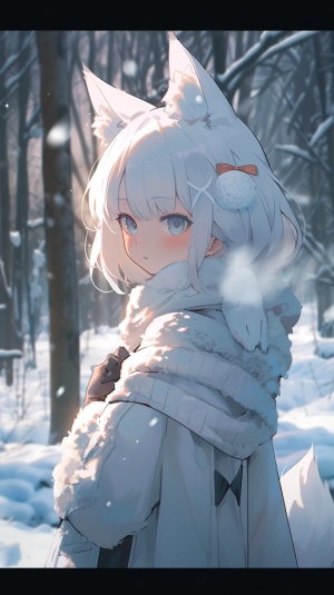 白色狐狸在雪山树林中的超细节渲染