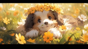 可爱卡通小狗与花卉的逼真超高清渲染