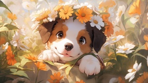 可爱卡通小狗与花卉的逼真超高清渲染
