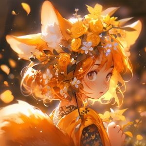 可爱狐狸与花卉：卡通印象派，8K超高清细节渲染