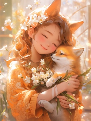可爱的狐狸与花卉：8K超高清细节渲染