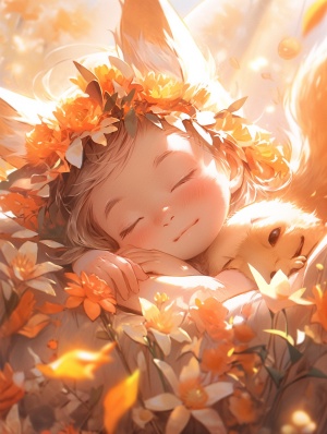 可爱的狐狸与花卉：8K超高清细节渲染