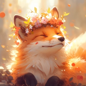 可爱的狐狸，花卉，印象派，卡通，8k超高清，浅琥珀色和橙色，逼真的，超细节渲染，超细节