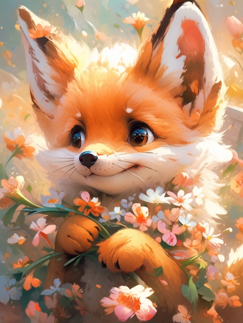 可爱的彩色狐狸，花卉，印象派，卡通，8k超高清，浅琥珀色和橙色，逼真的，超细节渲染，超细节