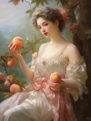 桃子如此娇艳，像春天的芬芳绚烂的颜色，让人心动不已甜蜜的滋味，酸甜交织桃子，你是我的心头所爱一位美女交织其中～