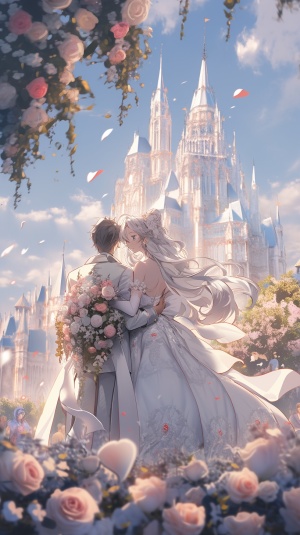 浪漫玫瑰花园情侣婚纱照-落日余晖下的城堡