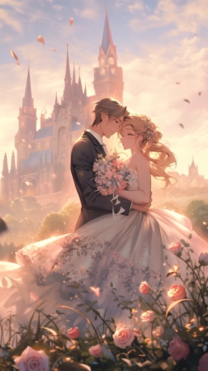 浪漫玫瑰花园情侣婚纱照-落日余晖下的城堡