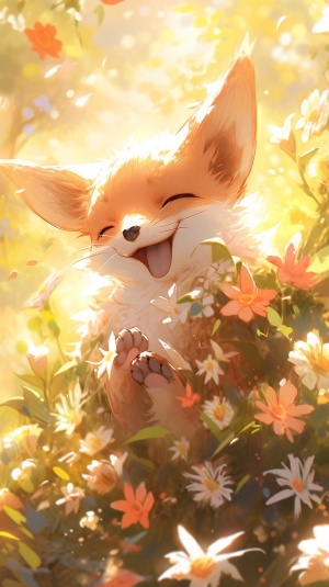 可爱的狐狸与花卉的印象派卡通插画