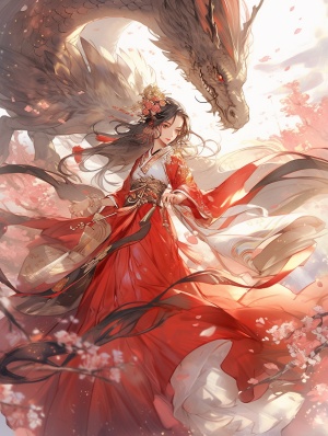 古装少女手舞长剑，骑龙飞翔，细腻红裙，漫天樱花