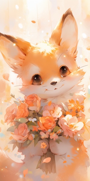 可爱狐狸与花卉，印象派风格的8k超高清卡通渲染