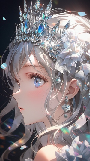 漂亮少女穿钻石纱裙戴皇冠，可爱大眼睛长睫毛插画4K