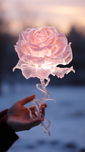 粉色冰雕透明玫瑰花在傍晚雪地中高清呈现