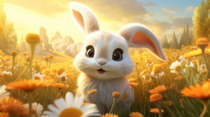 可爱的小白兔，花朵，印象派，8k超清，卡通，琥珀色和橙色，逼真的，超细节渲染，超细节